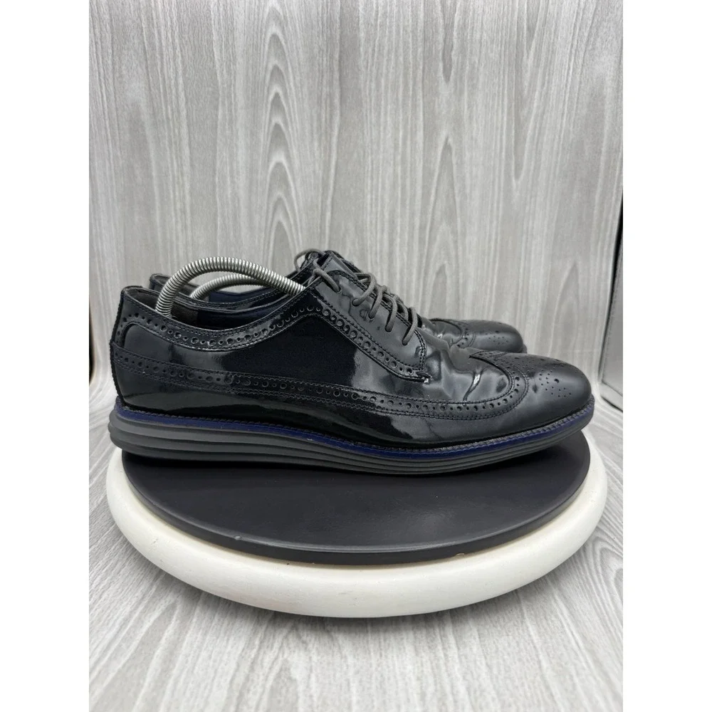 Cole Haan Grand OS Longwing Mens Size 12M Shiny Navy Blue Wingtip Oxfords C21023